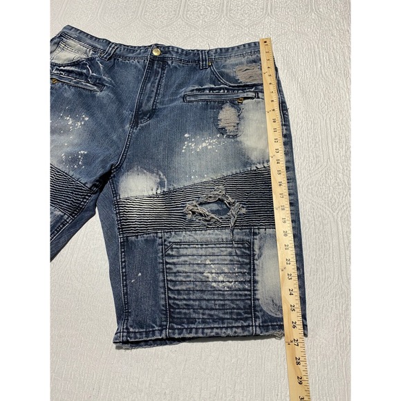 Makobi‎ Distressed Denim Shorts Mens Size 46 Blue Moto Biker Jorts Shredded - Picture 11 of 12